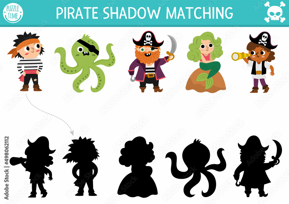 Pirate shadow matching activity. Treasure island hunt puzzle with cute pirates, mermaid, octopus. Find correct silhouette printable worksheet or game. Sea adventures page for kids.