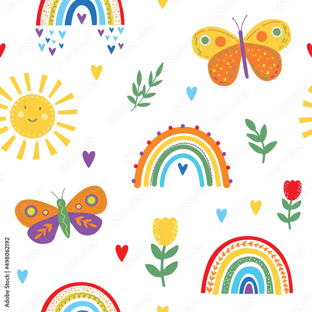 Cute bright rainbow and butterfky seamless pattern design on white background. Summer pattern in yellow.