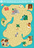Pirate maze for kids with tropical treasure island and cute kid pirates. Treasure hunt preschool printable activity. Sea adventures labyrinth game or puzzle with chest, map, mermaid.
