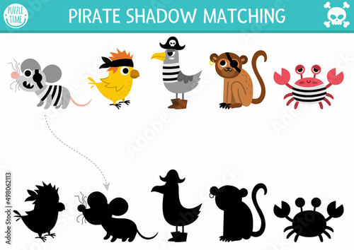 Pirate shadow matching activity with animals. Treasure island hunt puzzle with cute rat, parrot, seagull, monkey, crab. Find correct silhouette printable worksheet. Sea adventures page for kids