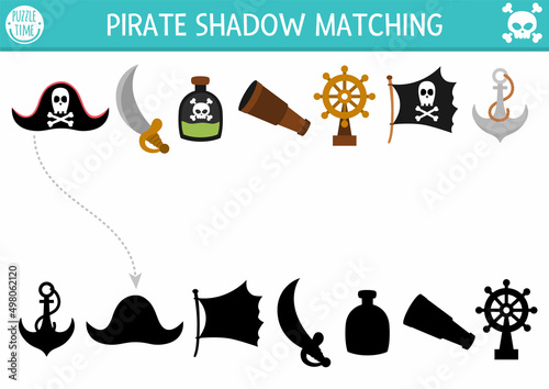 Pirate shadow matching activity. Treasure island hunt puzzle with cute pirate hat, sable, bottle, anchor, flag. Find correct silhouette printable worksheet or game. Sea adventures page for kids.