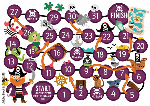 Pirate dice board game for children with cute pirate. Treasure hunt boardgame with animals, ship.  Sea adventures printable activity or worksheet. Help the pirate find the treasure map.