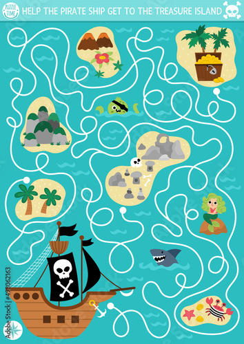 Pirate maze for kids with marine landscape, ship, isles. Treasure hunt preschool printable activity. Sea adventures labyrinth game, puzzle. Help the pirate ship get to the treasure island.