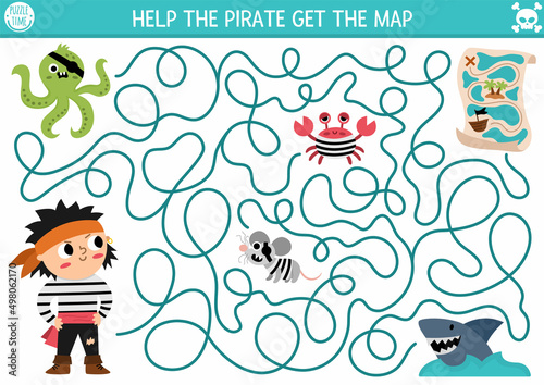 Pirate maze for kids. Treasure hunt preschool printable activity with cute raider captain, octopus, rat, shark, crab. Sea adventures labyrinth game or puzzle. Help the pirate get the map.