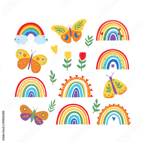 Colorful Scandinavian style rainbows for Baby shower, children's party. cute bright color rainbow vector symbol set. Summer cute clipart. Butterfly and flowers.