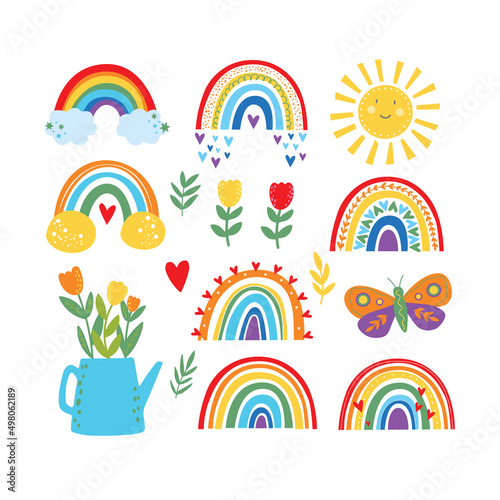 Colorful Scandinavian style rainbows for Baby shower, children's party. cute bright color rainbow vector symbol set. Summer cute clipart. Butterfly and flowers.