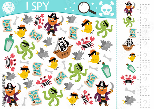 Pirate I spy game for kids. Searching and counting activity with pirates, animals, birds. Treasure island hunt printable worksheet for preschool children. Simple sea adventure spotting puzzle.