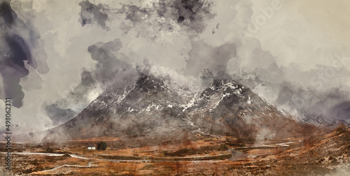 Digital watercolour painting of Dramatic Winter landscape image of white cottage at foot of Stob Dearg Buachaille Etive Mor peak in Scottish Highlands