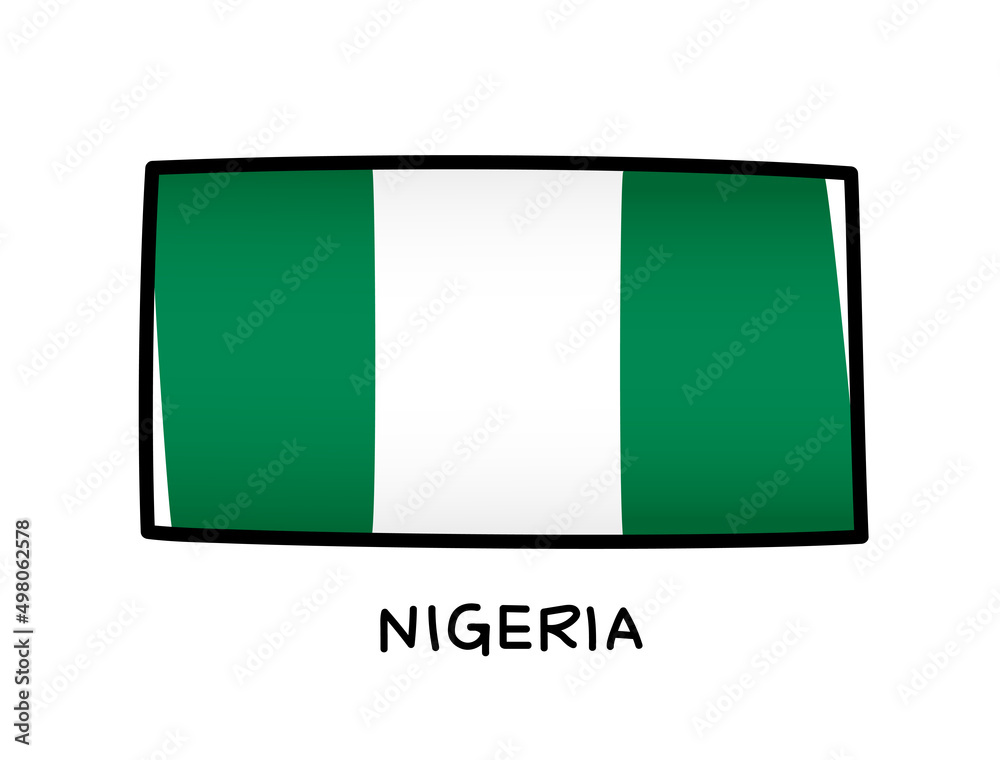 Flag of Nigeria. Colorful Nigerian flag logo. Green and white brush strokes, hand drawn. Black outline. Vector illustration isolated on white background
