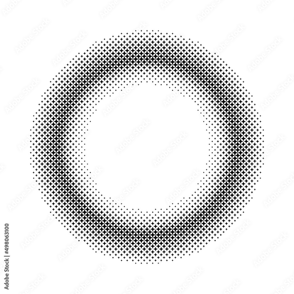 Circular dot frame. Circle faded dots. Round border with effect halftone star. Modern pattern. Futuristic ring. Fades boarder isolated on white background. Fading digital points. Vector illustration