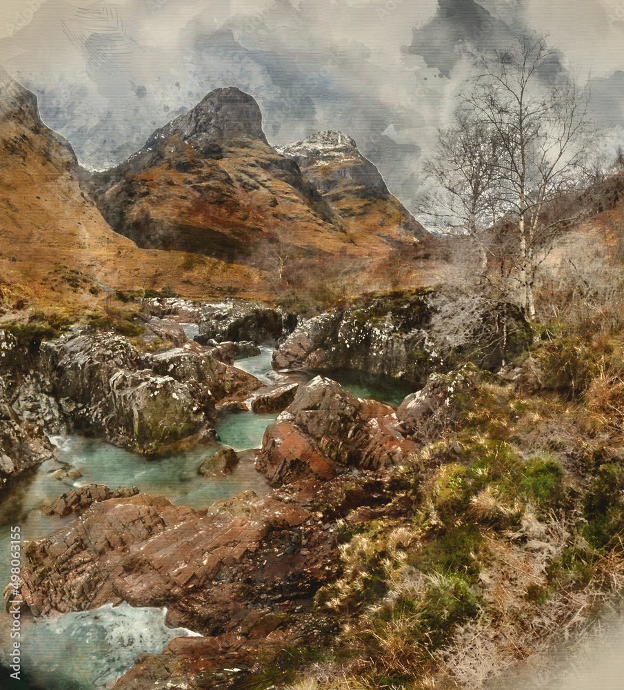 Obraz premium Digital watercolour painting of River Coe in Scottish Highlands landscape with Three Sisters mountains in background