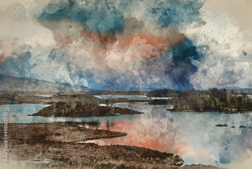 Fototapeta Naklejka Na Ścianę i Meble -  Digital watercolour painting of Loch Ba landscape in Scottish Highlands in Winter at sunset