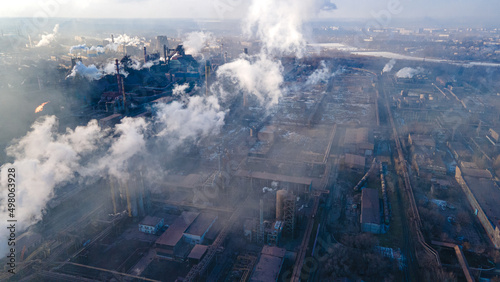 metallurgical plant smoke from chimneys industry drone photography