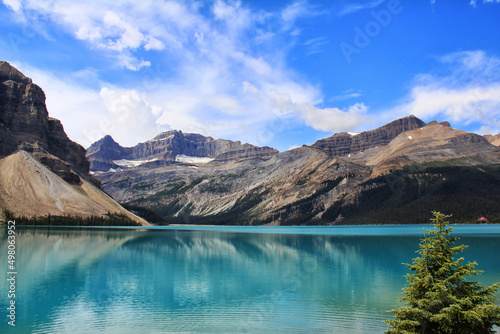 Skycolored Lake Louise in Alberta surrounded by Rocky Mountains photo