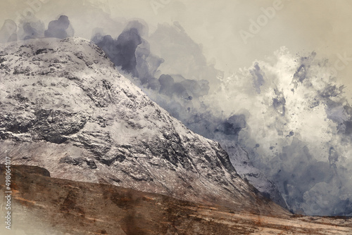Digital watercolour painting of snowcapped mountains landscape in Scottish Highlands in Winter