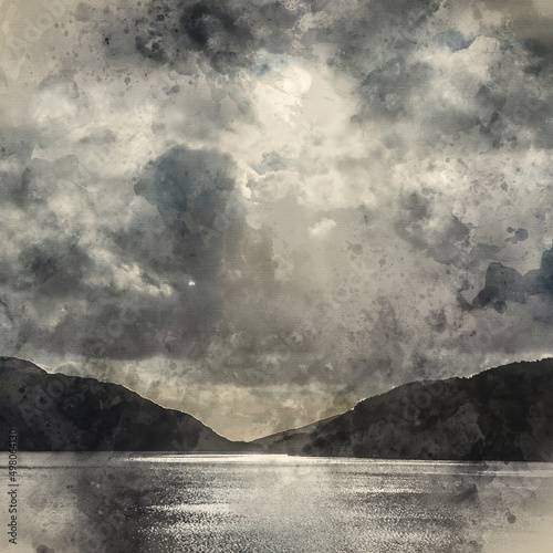 Digital watercolour painting of Inspiring majestic sunbeams streaming through dramatic clouds onto calm waters of Loch Lomond landscape during Winter sunset