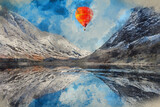 Digital watercolour painting of hot air balloons flying over Stunning Winter landscape image of Loch Achtriochan in Scottish Highlands