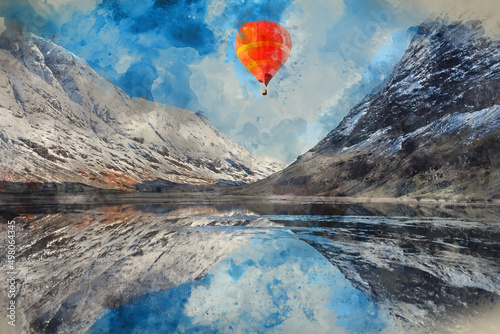 Digital watercolour painting of hot air balloons flying over Stunning Winter landscape image of Loch Achtriochan in Scottish Highlands photo
