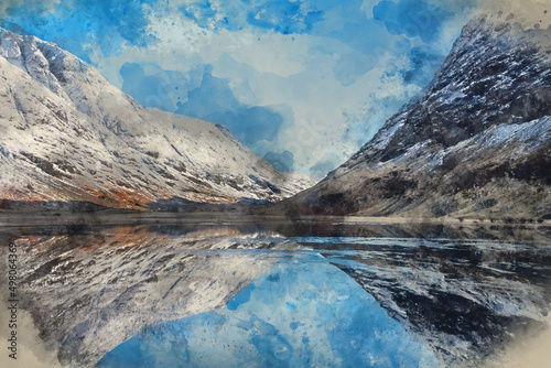Digital watercolour painting of Stunning Winter landscape image of Loch Achtriochan in Scottish Highlands with stunning reflections in still water with crytal clear blue sky © veneratio