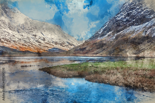 Fototapeta Naklejka Na Ścianę i Meble -  Digital watercolour painting of Stunning Winter landscape image of Loch Achtriochan in Scottish Highlands with stunning reflections in still water with crytal clear blue sky
