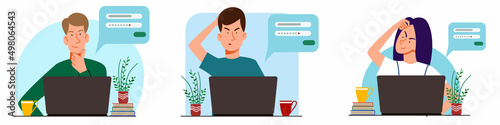 A set of concepts of people thinking on a laptop. Forgot your password and login for the account on the web page. Flat vector illustration.