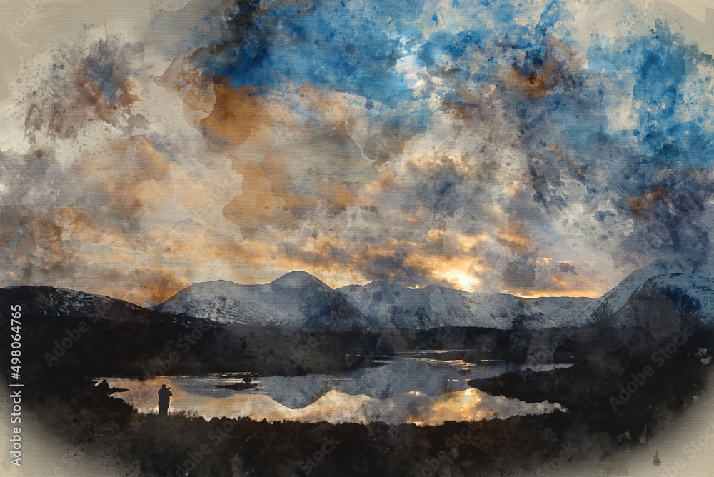 Digital watercolour painting of Epic Winter sunset landscape image across Loch Ba in Scottish Highlands towards snow covered mountain range in distance