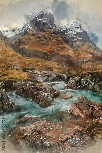 Digital watercolour painting of Beautiful Winter landscape image of River Etive in foreground with iconic Three Sisters mountains in background
