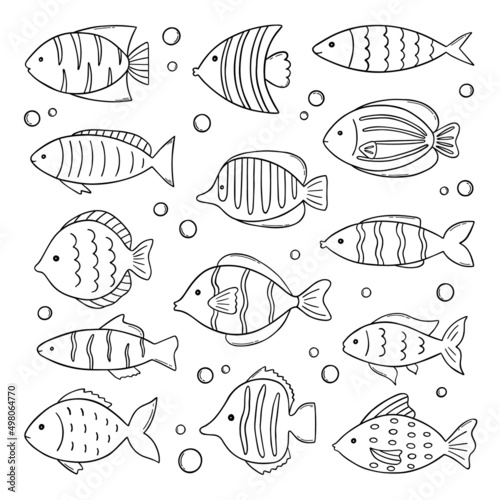Set of cute sea fish doodle. Underwater world in sketch style. Hand drawn vector illustration isolated on white background.