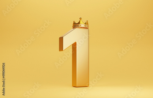 Golden number one with gold crown for champion or the winner on yellow background by 3d render. photo