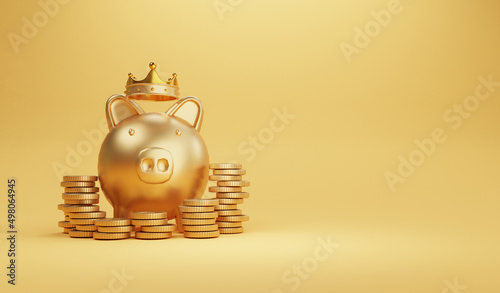 Golden piggy with crown and coins stacking on yellow background for saving and profit investment concept by 3d render.