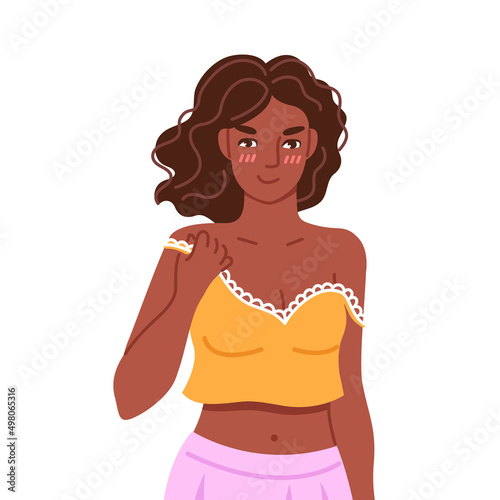 Black woman, wearing pajamas, demonstrating sexual attraction, passion and desire. Flirty blushing young woman. PMS symptom. Hand drawn character. Flat vector illustration.
