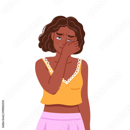 Sad crying black woman wipes away tears. Depressed unhappy upset african american girl. Hand drawn cartoon character. Vector flat isolated illustration