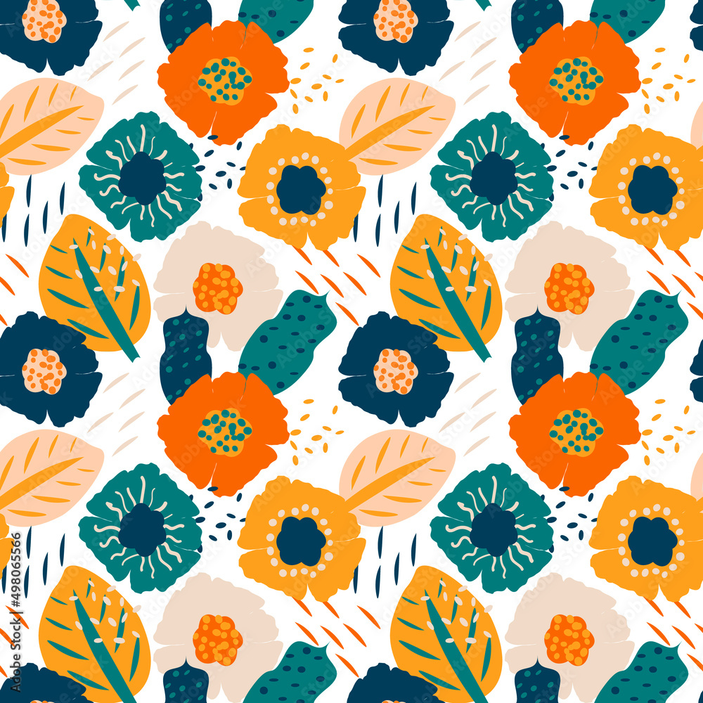 Cute colorful seamless pattern with flowers and leafs, tropical theme, raster version Cute colorful seamless pattern with flowers and leafs, tropical theme, raster version