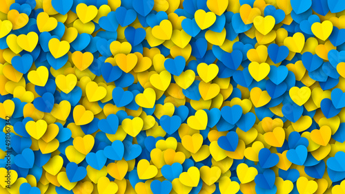 Vector Ukrainian National Flag Colours Scattered Yellow Blue Paper Hearts Abstract Background. Stop War And Save Ukraine Illustration. Glory To Ukraine Pattern Wide Banner Backdrop Or Wallpaper