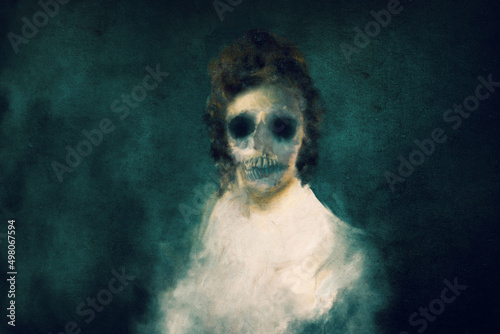 A horror concept of a classical portrait of a female zombie with a skull like face and a black sunken eyes. On a dark background.