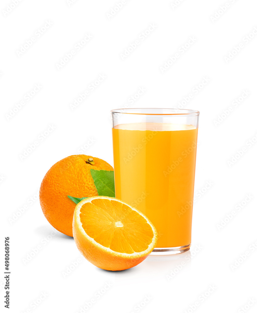 Fresh orange juice in a glass and orange slices isolated on white background. Fresh orange juice in a glass and orange slices isolated on white background.