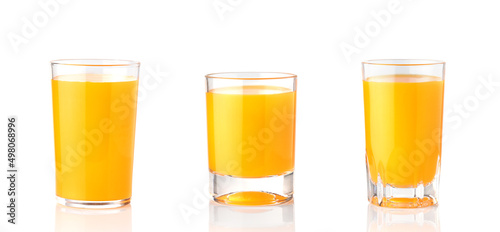 Collection fresh orange juice in glass isolated on white background.