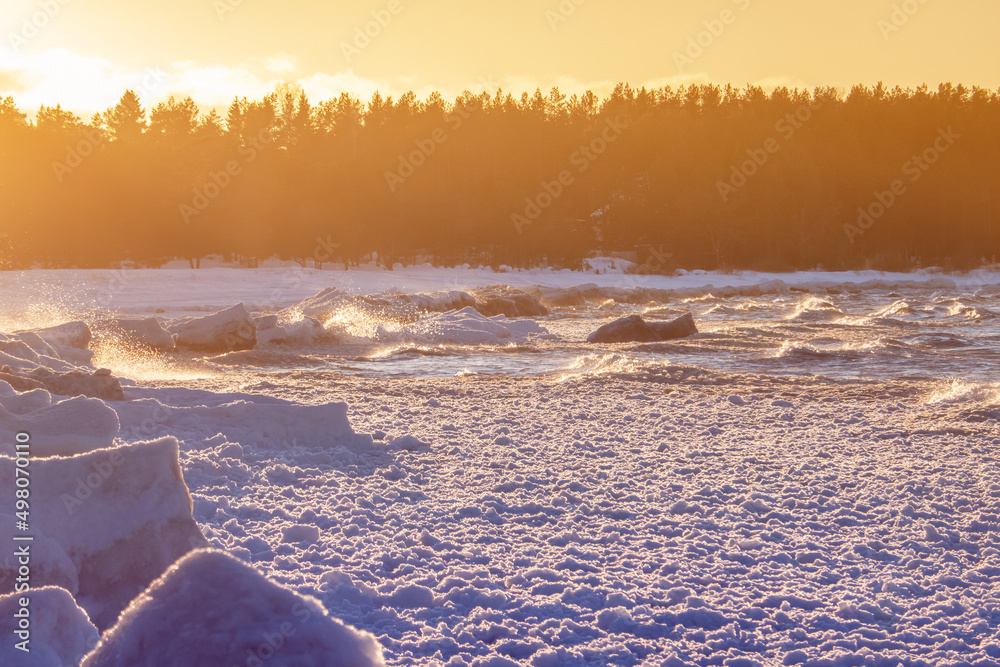 Naklejka premium Icy Gulf of Finland coast at sunset in winter. Frozen rough sea with cracked ice in sunlight landscape