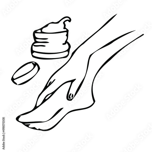 Hand and foot body care spa salon.Female hand and leg with nails, manicure, pedicure. Logotype for fashion salon. Vector illustration. White background.