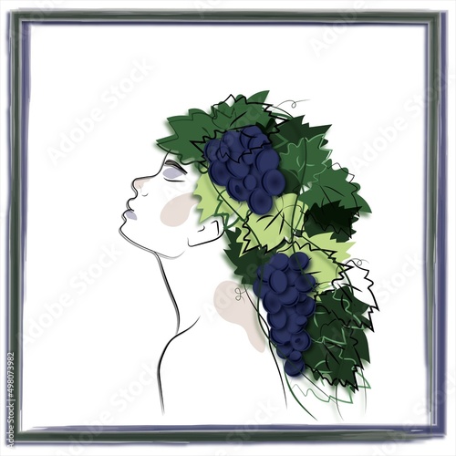 girl, grapes, painting, lines, hair, leaves