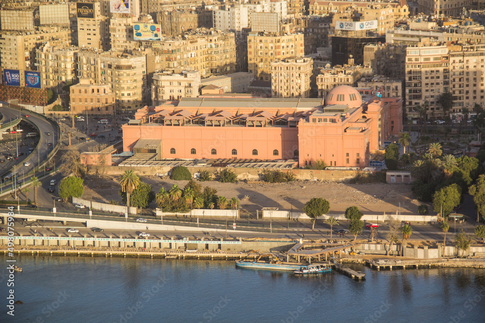 CAIRO, EGYPT - DECEMBER 29, 2021: Beautiful view of the center of Cairo and Zamalek island from the Cairo Tower in Cairo, Egypt