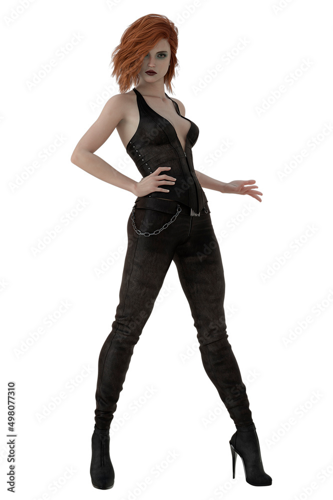 Urban fantasy woman wearing black outfit, 3d render on white background Urban fantasy woman wearing black outfit, 3d render on white background