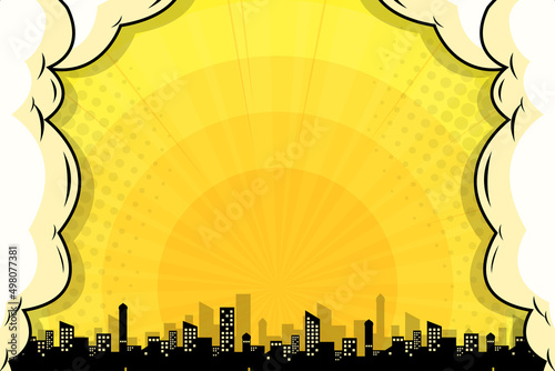 Comic pop art cloud with city silhouette