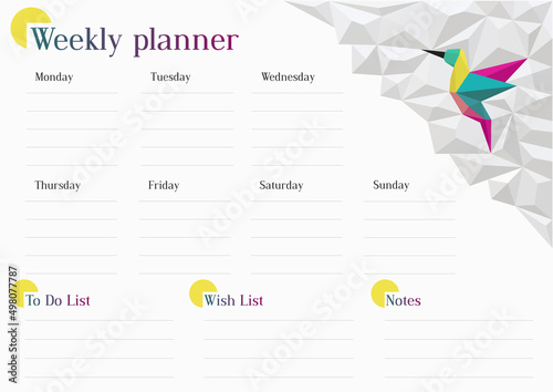 Weekly planner with white polygons and colorful hummingbird. Vector illustration.