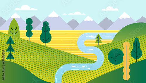 Vector landscape, sunrise scene in nature with mountains and forest, silhouettes of trees. Hiking tourism. Adventure. Minimalist graphic flyers. Polygonal flat design for coupon, voucher, gift card.