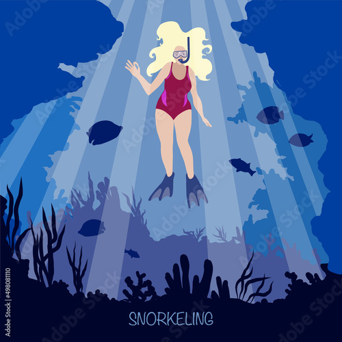 girl diver underwater. Snorkeling, diving girl