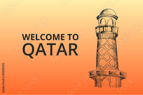Digital abstract drawing sketch. 
Architecture of The Golden mosque in Qatar. Arabic tourism horizontal image. Eps design template for banner,souvenir, textile print