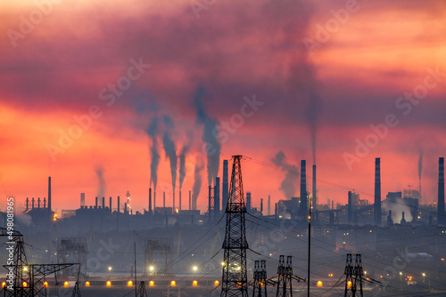 Metallurgical plants polluting air with toxic smoke from pipes, ecological disaster in Zaporizhzhia, Ukraine photo