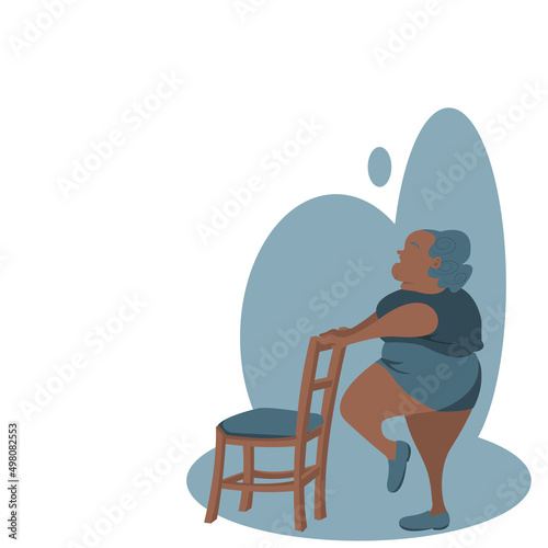 Side view of Fat woman with short grey hair, near the elderly, wearing sportswear, standing on a chair to exercise.Vector isolate flat design concept for health care, weight loss, sportcare,yoga day.