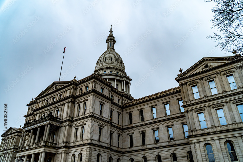 Michigan State Capitol Building on a Rainy, Cloudy Day